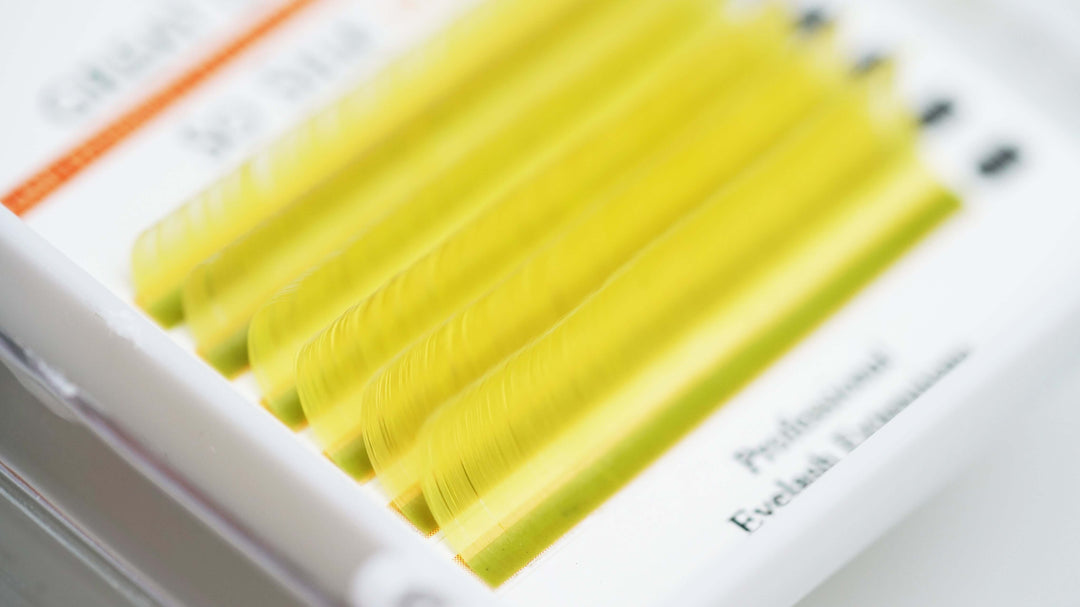 yellow lashes, eyelash extensions, volume lashes